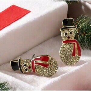 ICED Snowman Enamel Black Top Hat Red Scarf 1" Clear Rhinestones